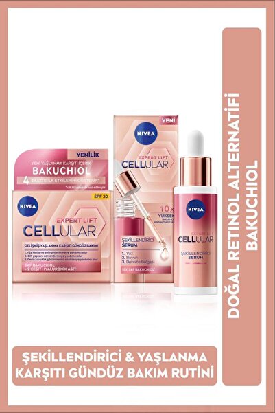 NIVEA Cellular Doğal Retinol Alternatifi Bakuchiol Cilt Serumu30ml ve Hyaluronik Asit Gündüz Yüz Kremi50ml