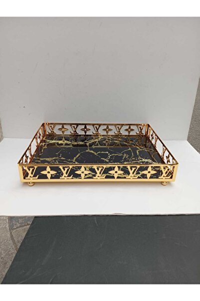 Peramari Dekoratif Dikdörtgen Krom Metal Cam Sunum Tepsisi Gold