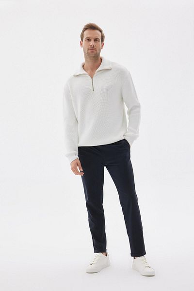odelon White Knitwear Men's Sweater - Half Zipper, Thessaloniki Knit, Regular Fit, Cotton