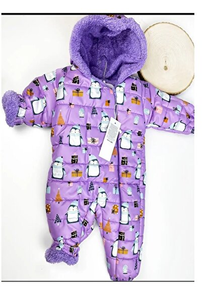 dubi baby lila renk penguen  desenli fermurlı  kapşonlu bebek astronot kozmon...