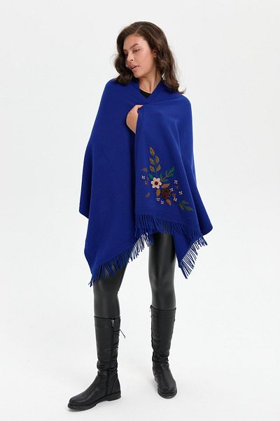 Desen Triko Şal de lână pentru femei cu broderie şi ciucuri Daisy - Saks Blue