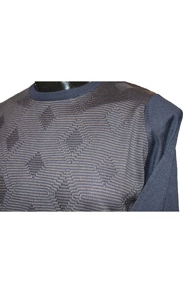 Diandor Men's O-Neck Patterned Classic Wool Knitwear Sweater Brown/Navy Blue
