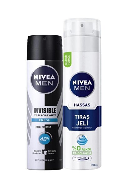 NIVEA İnvisible Black&white Fresh Erkek Deosprey 150ml Tıraş Jeli Hassas Ciltler Için 200 ml