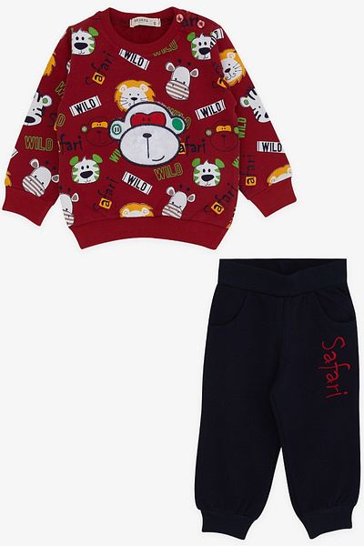 Breeze Boy's Tracksuit Set with Monkey Embroidery, Age 1-4, Claret Red