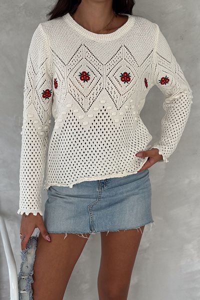 FEMELLE Pulover de damă, bej, mărime standard, brodat, ajurat