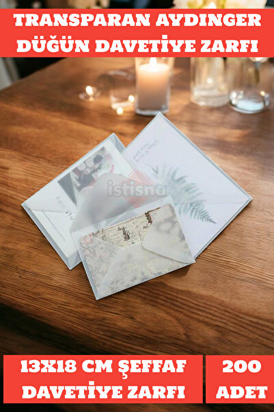 İstisna Aydınger Şeffaf Beyaz Transparan Zarf 200 Adet 13*18 Cm Düğün Davetiy...