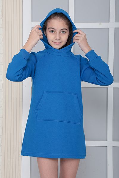 Giyimod GIRL'S SAX Hooded 3-thread Raster Fleece Raglan Sleeve Dress S-303SAX
