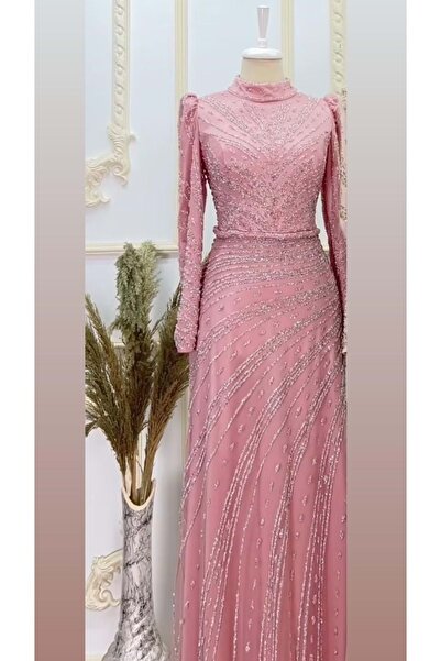 Hennin 24Y4589 فستان سهرة مطرز بالخرز الوردي المجفف