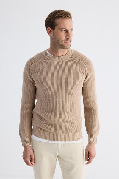 odelon Μπεζ ανδρικό πλεκτό πουλόβερ - Crew Neck, Πλεκτό Θεσσαλονίκης, Βαμβακερό