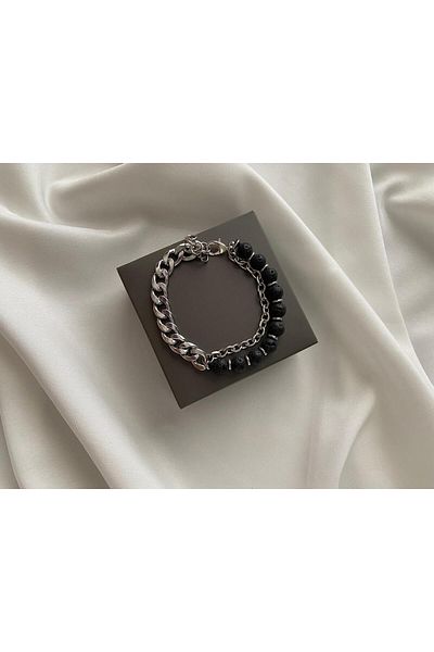 Store Men's Chain Detail Black Bead Bracelet