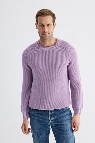 odelon Men's Lilac Knitwear Sweater - Crew Neck, Thessaloniki Knit, Cotton
