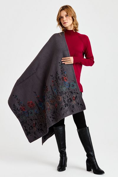 Desen Triko Women's Knitwear Shawl with Wildflower Patterned Edges 03