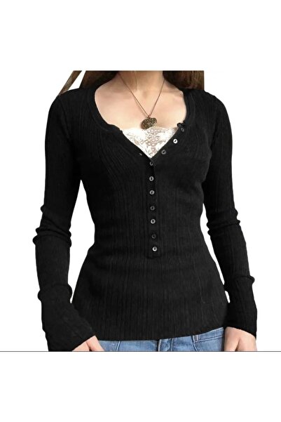 DarkellaStore بلوزة هاراجوكو بياقة دانتيل وأكمام طويلة باللون الأسود