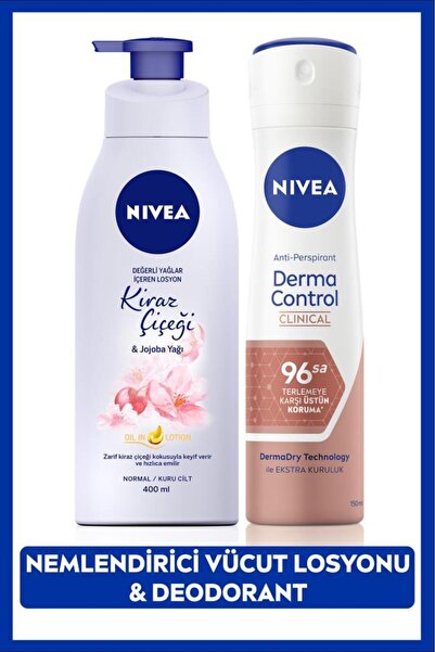 NIVEA Kadın Sprey Deodorant Derma Control Clinical 150ml, Kiraz Çiçeği Nemlendirici Vücut Losyonu 400ml