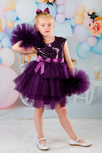 Sevimlice Kids Kız Çocuk Ponpon Kollu Tokalı Abiye Doğumgünü Elbisesi