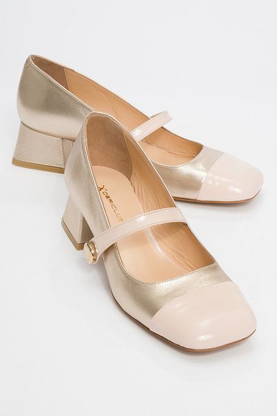 Dericlub Pantofi de damă cu toc gros cu vârf pătrat - piele naturală SY 27381 POWDER/GOLD