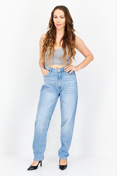 Guess Women Regular Fit Washed Denim Jeans, Blue