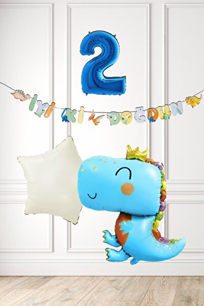 PEKSHOP Mavi Dinazor Tema Doğum Günü Balon Süsleme Seti Bannerlı Mavi Yaş Bal...