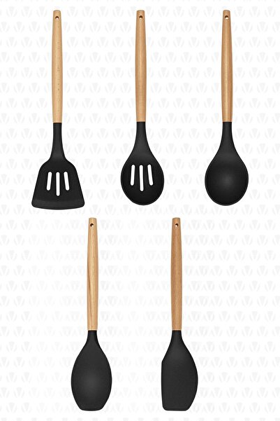 valletta Lingo Black Silicone Kitchen Cooking Utensils - Set of 5 Bamboo Handles