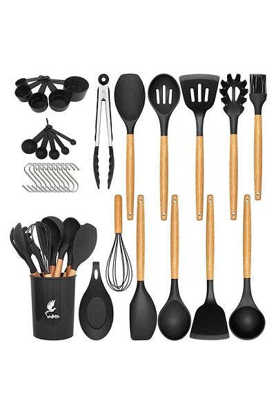 valletta Set de ustensile de bucătărie cu spatule din silicon, rezistente la căldură, ignifuge, antiaderente, 33 de piese, negru