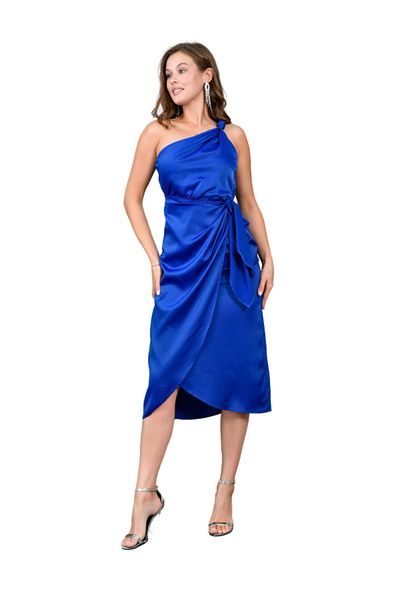 WOMAN VISION Satin Evening Dress - Shoulder Detail, Belted A-Line 03