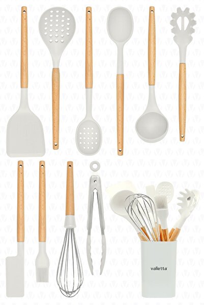 valletta Matis Heat Resistant Silicone Fireproof Non-Stick 11-Piece Serving Set with Stand White