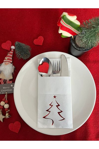 kidspartim Red Gilded Christmas Pine Tree Patterned 12-Piece White Paper Napkin with Pockets