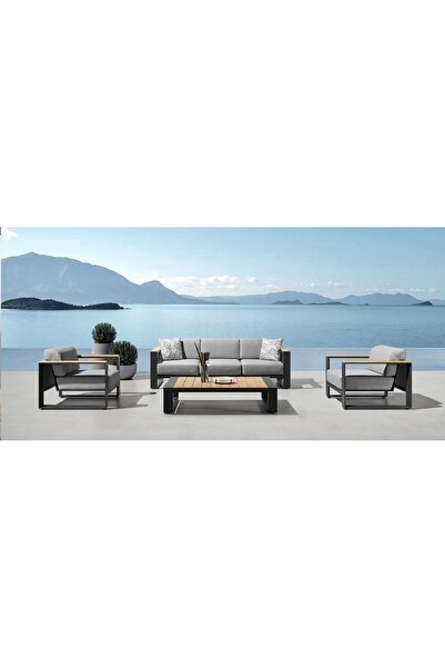 SCY Bacusa Dış Mekan 3 1 1 Masalı Bahçe Mobilyası Ahşap Kolçaklı Balkon Oturm...