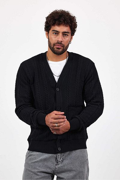MADZEYMODA Ανδρική πλεκτή ζακέτα με κουμπιά, μαύρη πλεκτή ζακέτα Mz89916