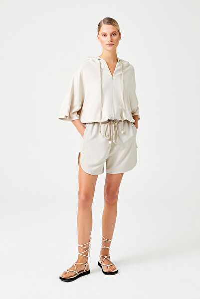 Jus De Pommes BEJ KAPÜŞONLU BAĞCIKLI BLUZ ŞORT KADIN TAKIM