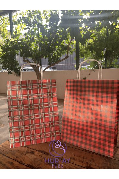 HUR-AY PACK Special Production - Red Gift Paper / Cardboard Bag / 25X31 cm / Plaid Pattern / 6 Pieces