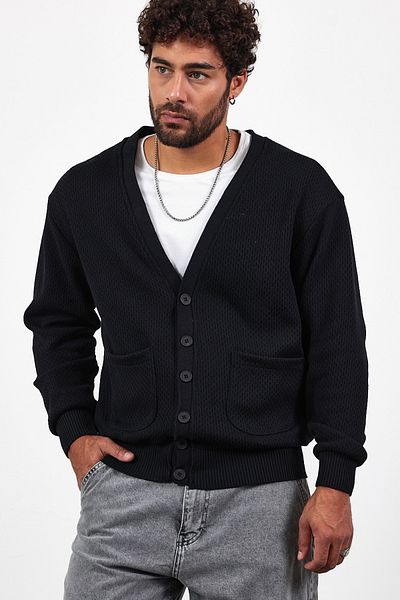 MADZEYMODA New Season Ανδρική ζακέτα με κουμπιά μαύρη πλεκτή τσέπη Mz89918