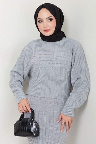 hafsamina Gray Knitted Patterned Gilet Blouse and Knitwear Set - Hm2559