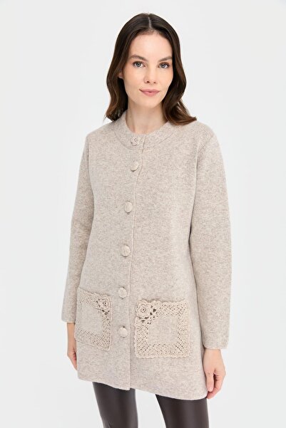 Desen Triko Kadın Dik Yaka Araboy Yün Hırka V.Bej