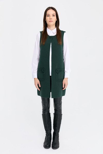 Desen Triko Women's Crew Neck Open Front Long Wool Vest Green