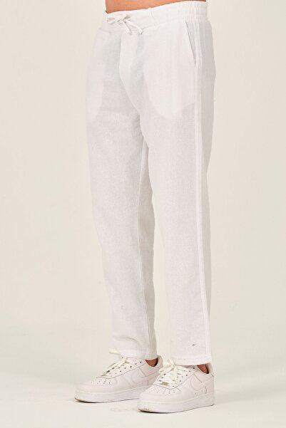 RELAXL Nyári tavaszi 100% pamut baggy fit vászonnadrág - elasztikus derék, világos krémszínű