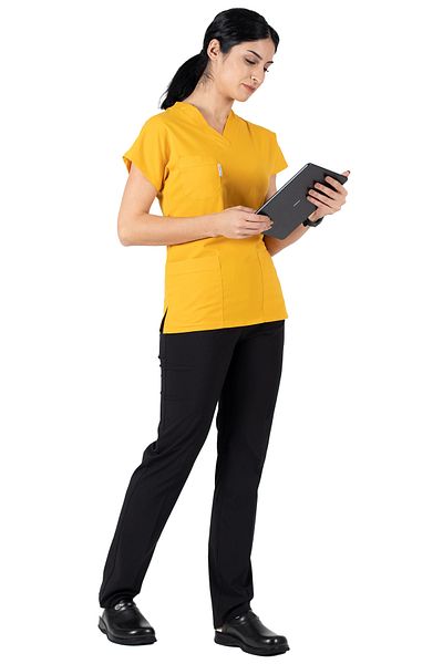 Alsancak Üniforma Muștar/negru Lycra țesătură subțire Scrubs Doctor Nurse Jersey Costum de chirurgie cu mânecă liliac