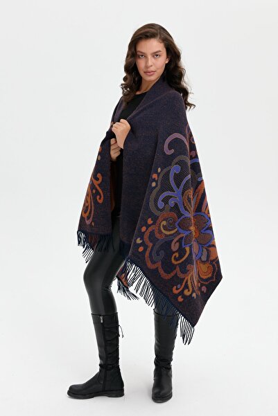 Desen Triko Lacivert_Sax Sim - Великий жіночий шарф з квітковим візерунком