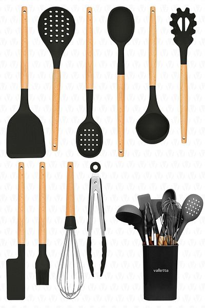 valletta Matis Heat Resistant Silicone Fireproof Non-Stick 11-Piece Serving Set with Stand Black