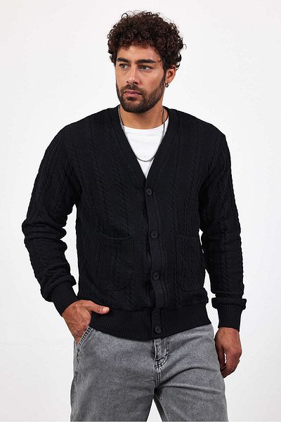 MADZEYMODA Ανδρική πλεκτή ζακέτα με κουμπιά, μαύρη πλεκτή ζακέτα Mz89916