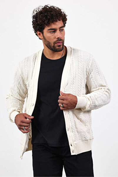 MADZEYMODA Чоловічий трикотажний кардиган з кишенями та ґудзиками, екрю, Mz89916