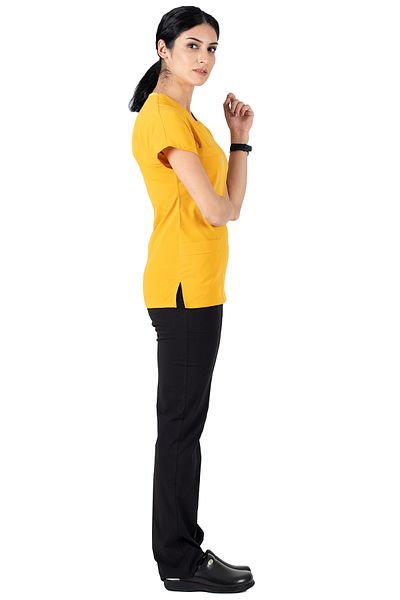 Alsancak Üniforma Muștar/negru Lycra țesătură subțire Scrubs Doctor Nurse Jersey Costum de chirurgie cu mânecă liliac