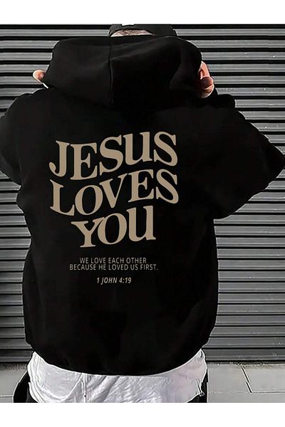 Harmandar Unisex Μαύρο φούτερ με κουκούλα - Jesus Loves You Printed, Kangaroo Pocket Hoodie