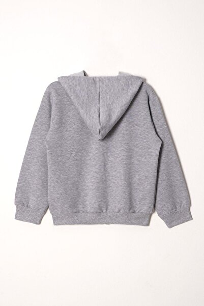 zepkids Yazı Baskılı Kapüşonlu Gri Melanj Renk Erkek Çocuk  Fermuarlı Eşofman Takım