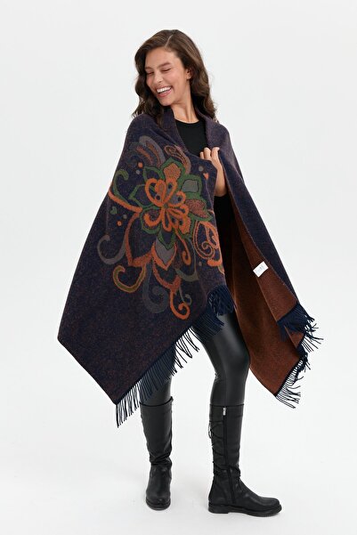 Desen Triko Темно-синій жіночий шарф великого розміру з великим квітковим візерунком - Ö.başı