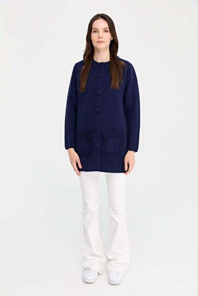 Desen Triko Navy Blue Stand Collar Women's Wool Cardigan - Araboy
