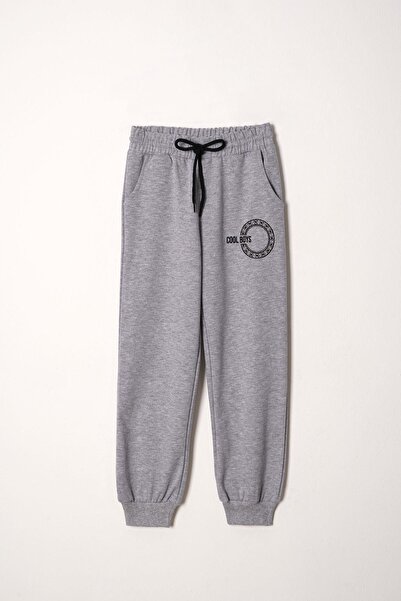 zepkids Yazı Baskılı Kapüşonlu Gri Melanj Renk Erkek Çocuk  Fermuarlı Eşofman Takım