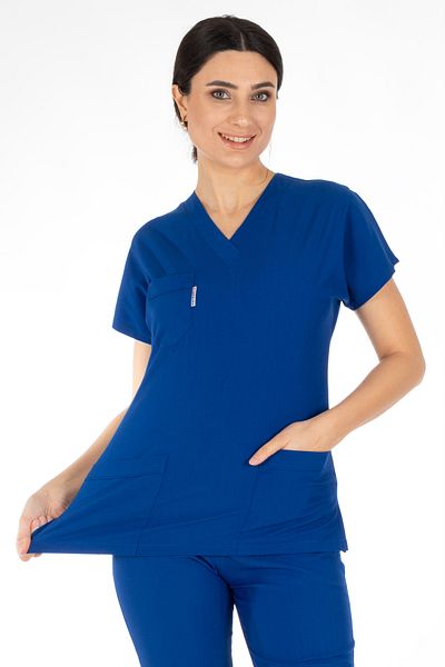 Alsancak Üniforma Saks Blue Lycra Fine Fabric Scrubs Doctor Nurse Jersey Costum de chirurgie cu mâneci liliac