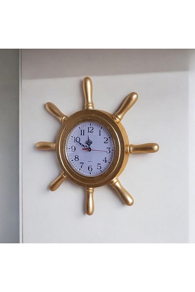 Bahat Gold Gold Leaf Wooden Sailor Helm Wall Living Room Office Clock Diameter 38 cm