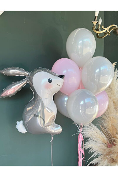 Çemrek Süs Parti Pembe Tavşan Folyo Balonlu Balon Demeti Seti 11 Parça